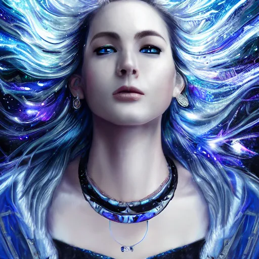 Prompt: masterpiece portrait of an aesthetic elegant mage woman, ice spell, 3 0 years old woman, black dynamic hair, wearing silver diadem with blue gems inlays, silver necklace, painting by joachim bergauer and magali villeneuve, atmospheric effects, chaotic blue sparks dynamics in the background, intricate, artstation, instagram, fantasy