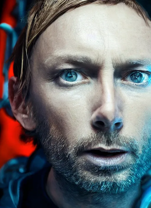 Image similar to calm thom yorke singer songwriter frontman, in spacesuit filling up with water, ultrafine detail, hyper realistic face, beautiful blue eyes, black spherical pupils, eyes reflecting into eyes reflecting into infinity, eyes reflecting into eyes reflecting into infinity