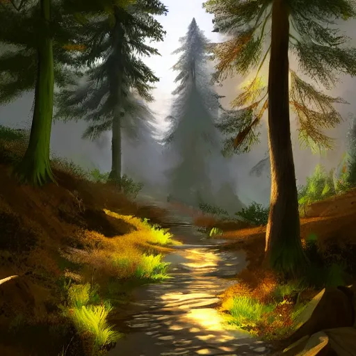 Prompt: a path, leading downhill into a forest, daytime, sunny, artstation