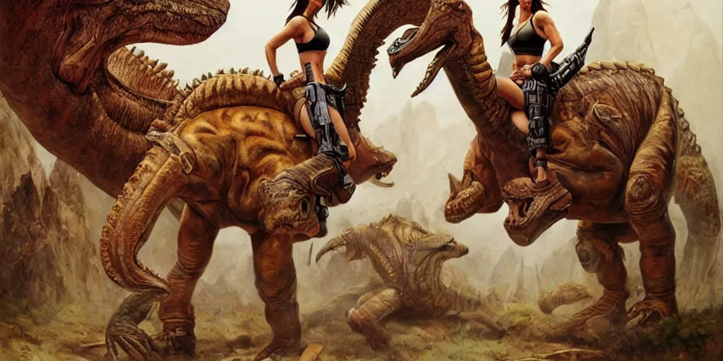 Image similar to Sandra Bullock as Lara Croft mounted and riding a large dinosaur, Boris Vallejo, Julie Bell