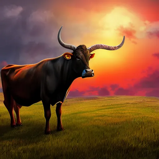 Image similar to fantasy cow looking at sunset, high detail, fantasy art, concept art, 4 k, ultra detail, computer art