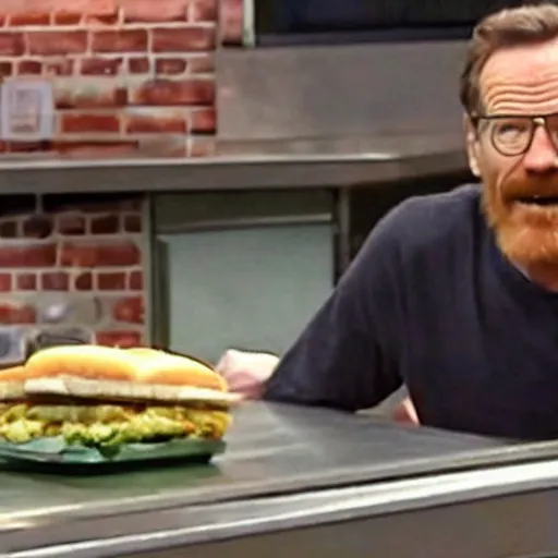 Prompt: security camera footage of bryan cranston eating a big subway sandwich