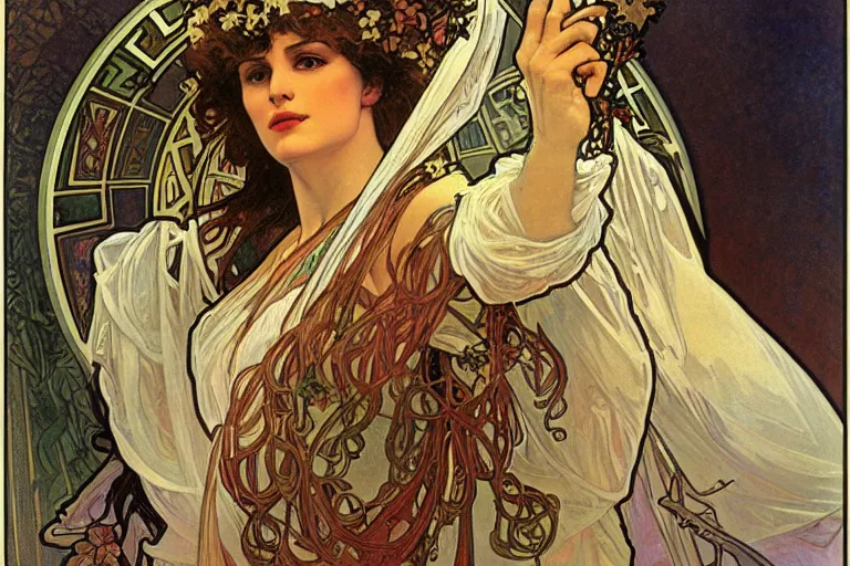 Image similar to monica lewinski as the greek goddess of second chances, painting by alphonse mucha