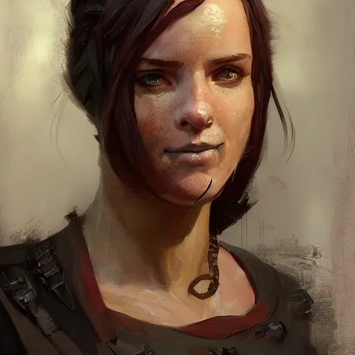 Prompt: a medieval bartender from brazil, female, red french braid, sarcastic and friendly, sci fi character portrait by Greg Rutkowski, Craig Mullins