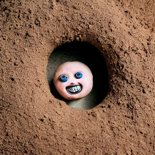 Image similar to photo of a small round creature made of dirt with round blue eyes and a round clown nose and a cute smile