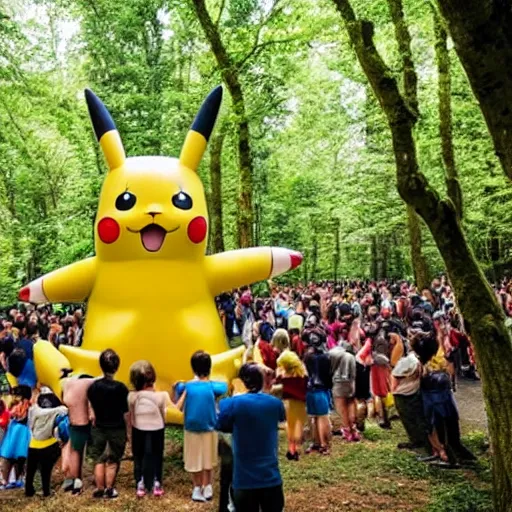 Image similar to photograph of a group of people worshipping a giant pikachu in a forest