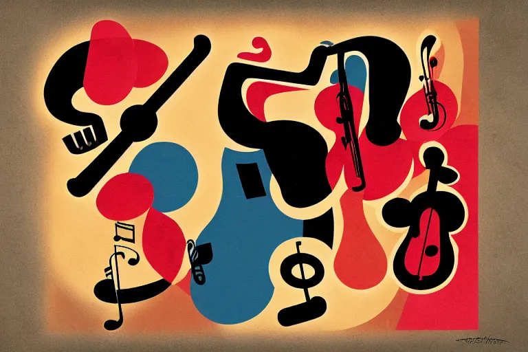 Image similar to abstract art poster of jazz musicians and musical notes in the style of Stuart Davis, matte illustration, texture,