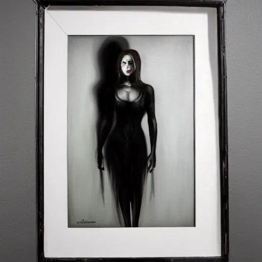 Image similar to macabre, female, noir oil painting, dark, dramatic lighting, shadow,