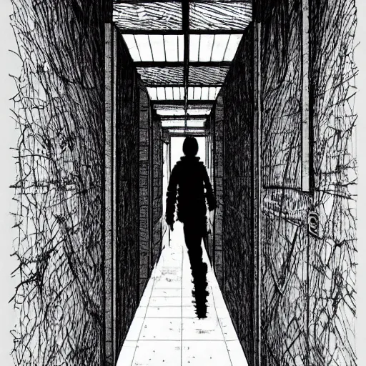 Prompt: ominous space station hallway by tsutomu nihei, inked, minute details, desolation, hyper realistic, cosmic horror, biomechanical, beautiful