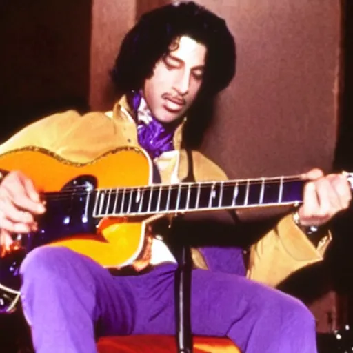 Image similar to screenshot of prince charles playing guitar in the movie purple rain