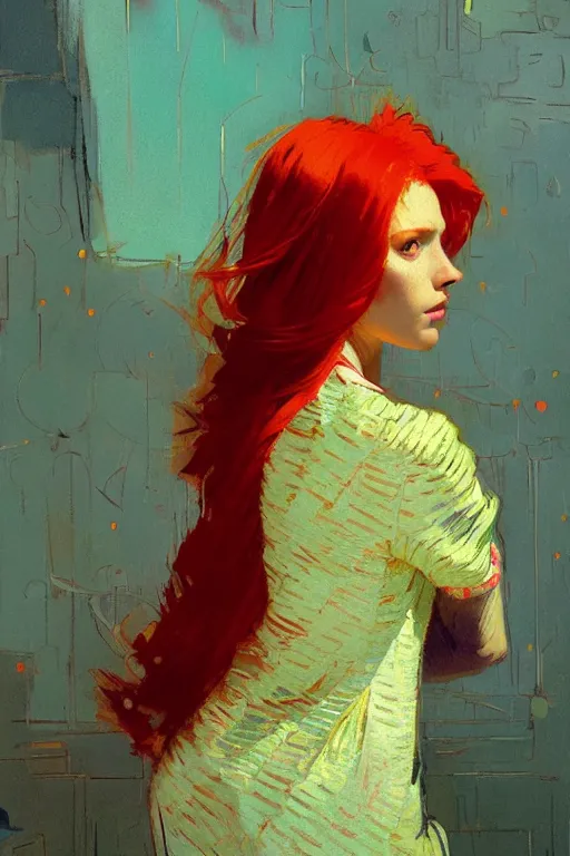 Image similar to portrait of a beautiful redhead girl, complementary colors, beautiful face, rule of thirds, intricate outfit, spotlight, by greg rutkowski, by jeremy mann, by francoise nielly, by van gogh, digital painting