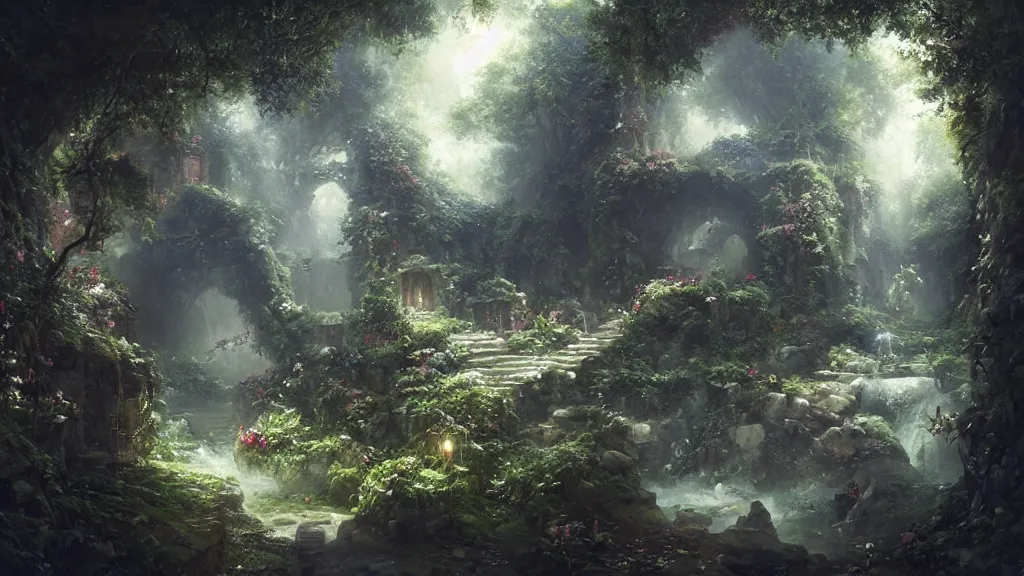 Prompt: hidden in the stone cavern is a secret garden. andreas achenbach, artgerm, mikko lagerstedt, zack snyder, tokujin yoshioka