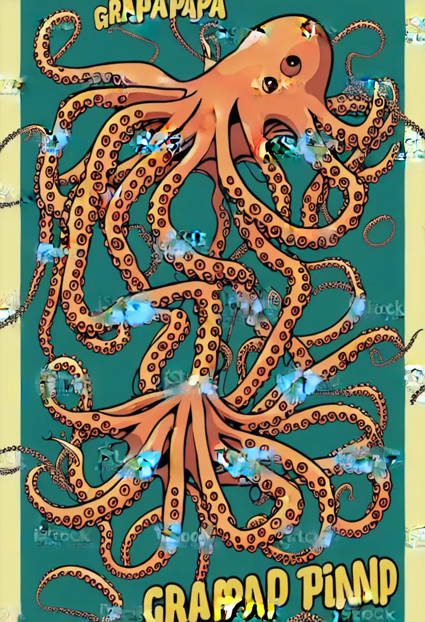 Image similar to concert poster for band named 'Grandpa Finger', robotic octopus, vector art, sticker design, 8k, highly detailed