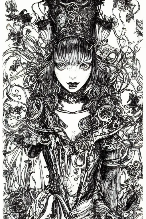 Image similar to Rave Alice in wonderland tarot card , pen and ink, intricate line drawings, by Yoshitaka Amano, Ruan Jia, Kentaro Miura, Artgerm, watercolor