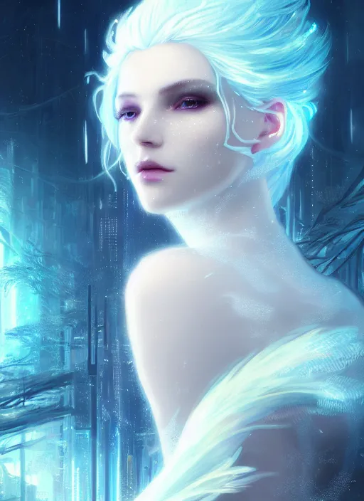 Image similar to a beautiful white haired ice queen, glowing magic snowflakes, intricate concept art, elegant, highly detailed, digital painting, smooth, sharp focus, illuminated lines, outrun, vaporware, illuminated runes, cyberpunk darksynth, ethereal, ominous, misty, 8 k, by ruan jia and craig mullins and alphonse mucha