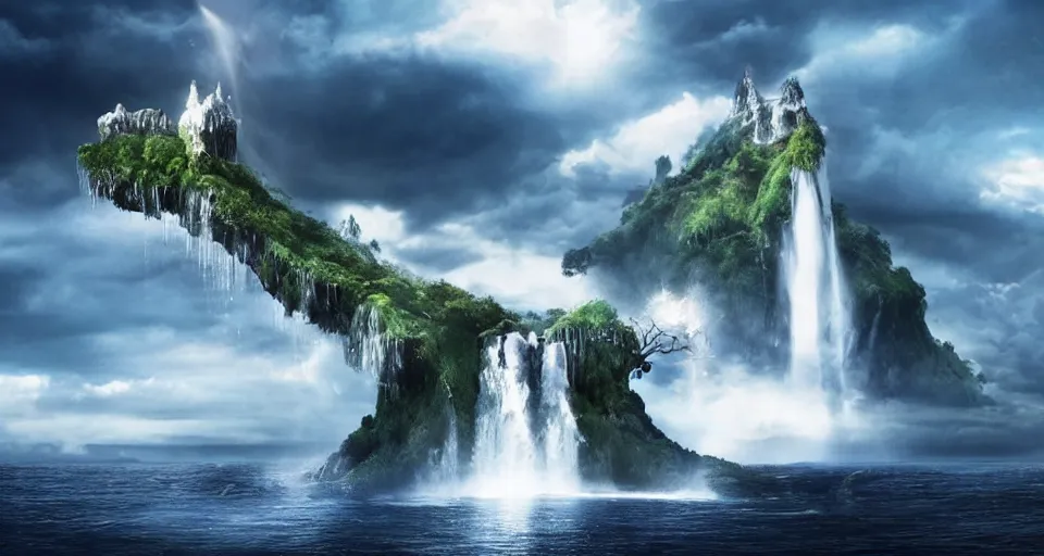 Prompt: A magnificent floating island in the sky above the sea, defying gravity, waterfall falling down, epic lighting, epic composition, cinematic, highly detailed
