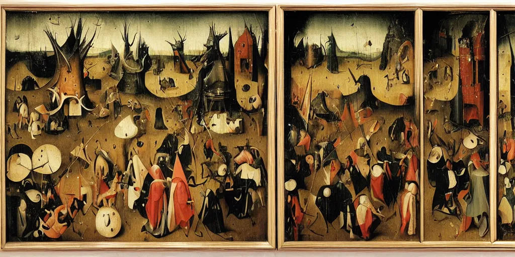 Prompt: A moshpit, oil on oakwood, triptych, by Hieronymous Bosch