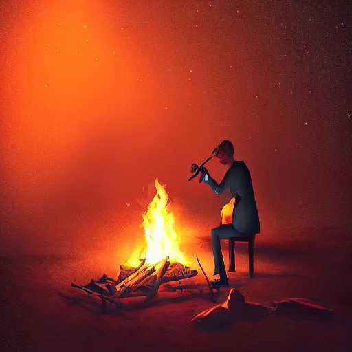 Prompt: caracals wearing red ties near campfire playing a guitar, night, atmospheric lighting, intricate, volumetric lighting, beautiful, digital cart