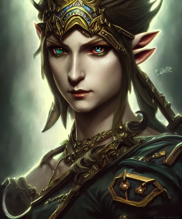 Image similar to dark fantasy, link legend of Zelda twilight Princess portrait, dark surrealist , fantasy, intricate, elegant, highly detailed, digital painting, artstation, concept art, smooth, sharp focus, illustration, art by artgerm and greg rutkowski and alphonse mucha