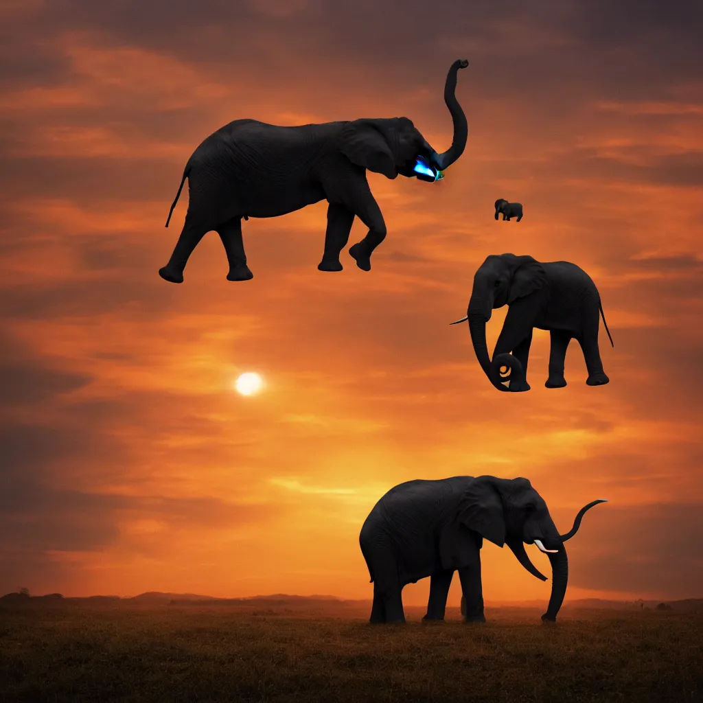 Image similar to elephant shooting lasers from its eyes in front of a sunset