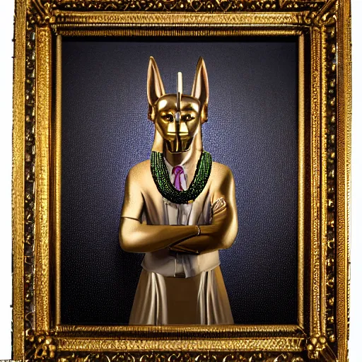 Image similar to portrait of the god Anubis wearing an office suit with a gold necklace, looking at the camera, black background, studio light
