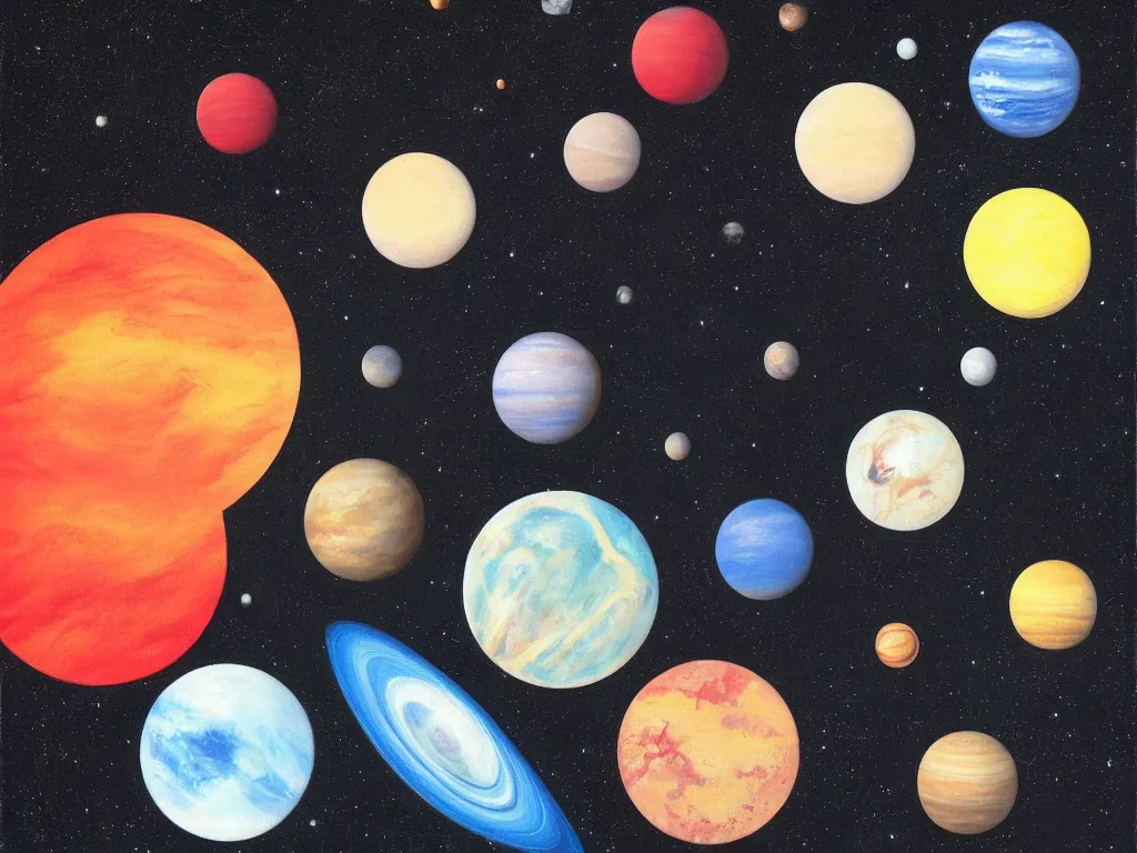 Image similar to A beautiful painting of a five planets, There are five planets that are black, white, yellow, red, and blue, behind the galaxy and the universe, Trending on artstation, graphic design, simple