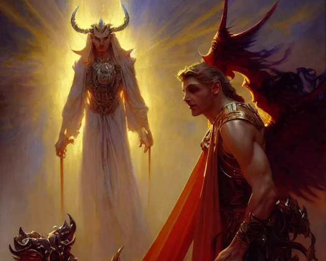 Image similar to attractive demonic male deity, casting magic, summoning handsome lucifer morning star. highly detailed painting by gaston bussiere, craig mullins, j. c. leyendecker 8 k