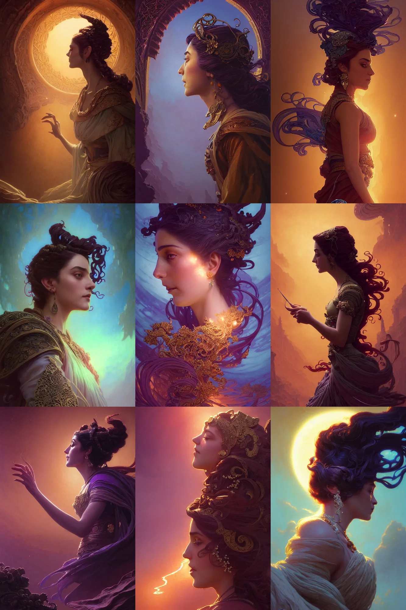 Prompt: side profile of maya ali sorcerer, gloomhaven, highly detailed, art nouveau, octane render, by greg rutkowski, loish, ferdinand knab, kuvshinov, rossdraws, tom bagshaw, mucha, stephen bliss, sargent and leyendecker and greg hildebrandt, global illumination, radiant light, abstract rippling background, gaudy colors