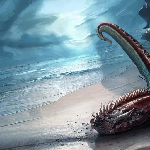 Image similar to a dying beached sea serpent washing up on the shore of a beach concept art by jaime jones, cgsociety, fantasy art, concept art, artstation hd, deviantart hd. masterpiece