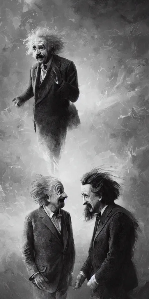 Prompt: Albert Einstein and Alan Watts having a metaphysical discussion, intricate portraits, cheerful, happy, hyperdetailed, artstation, cgsociety by greg rutkowski and by Gustave Dore