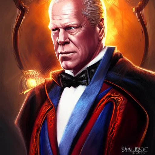 Image similar to Half-length portrait of gerald ford as Dr Strange, fantasy, intricate, elegant, digital painting, trending on artstation, concept art, sharp focus, illustration by Gaston Bussiere and artgerm, 4k.