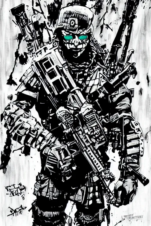 Image similar to a paranormal soldier, tribal, emp weapons strapped in shoulders, horror sci - fi, black and white, art by kevin eastman