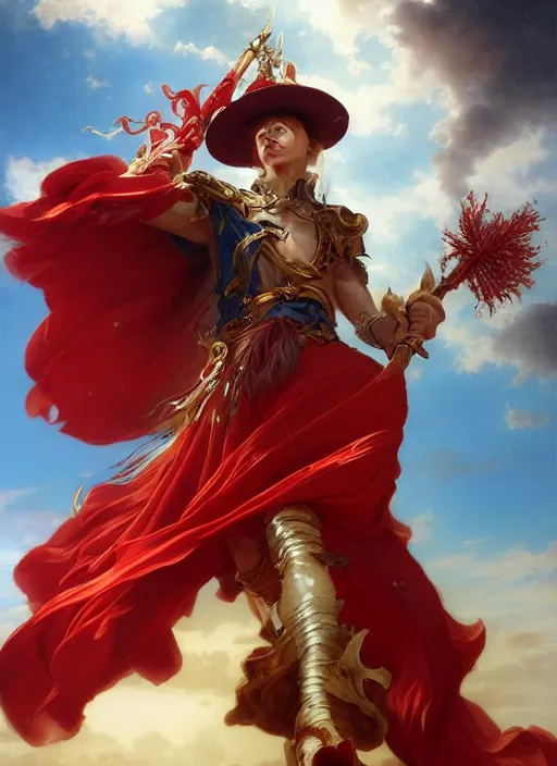 Image similar to A boisterous Red Mage wearing striped shining armor and a feathered hat holding a staff of power surrounded by an epic cloudscape. Magus. Red Wizard. Morpheus. masterpiece. 4k digital illustration. by Ruan Jia and Artgerm and Andreas Rocha and William-Adolphe Bouguereau and Edmund Blair Leighton. award winning, Artstation, intricate details, realistic, Hyperdetailed, 8k resolution. Concept Painting. Key Art