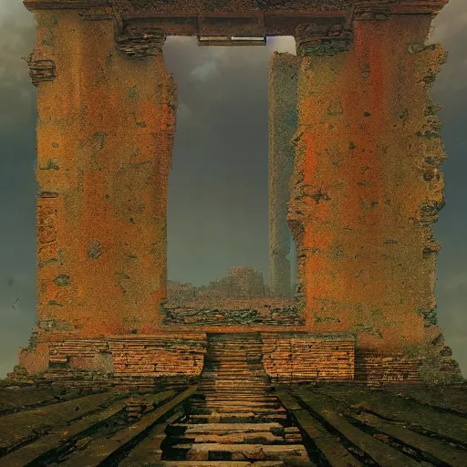 Image similar to an ancient ruins in style of Zdislaw Beksinski,National Geographic photograph Greg Rutkowski ArtStation, Deviantart HD screenshot