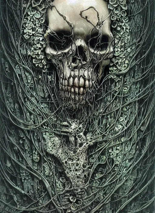 Image similar to cyberpunk skull, ivy, death, intricate detail by zdislaw beksinski