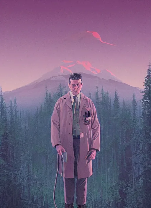 Prompt: Twin Peaks poster artwork by Michael Whelan and Tomer Hanuka, Karol Bak, Rendering of Dr. George Cloone stethoscope, from scene from Twin Peaks, clean, full of details, by Makoto Shinkai and thomas kinkade, Matte painting, trending on artstation and unreal engine