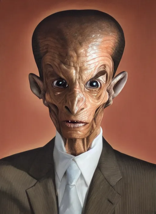 Image similar to a hyper realistic portrait of a male alien in a suit