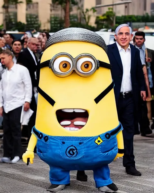 Image similar to benjamin netanyahu in a really well made minion cosplay, highly detailed, intricate