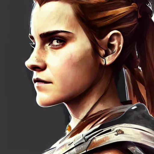 Prompt: emma watson as aloy from horizon zero dawn in the style of artgerm, wlop, digital art, close-up, insanly detailed