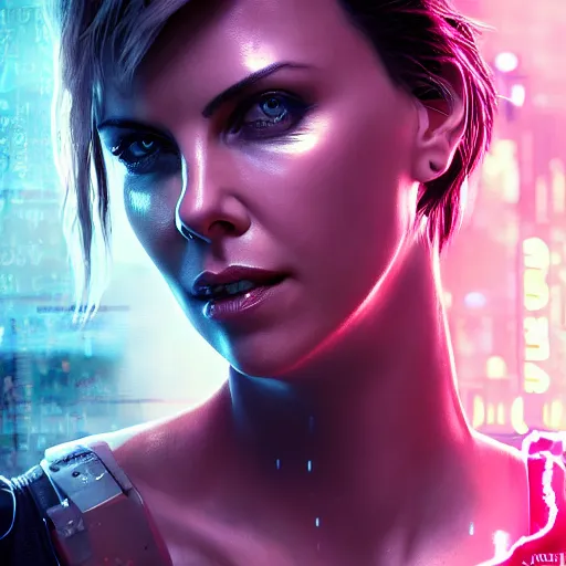 Prompt: charlize theron portrait, cyberpunk 2 0 7 7, cyberpunk judy alvarez, photorealistic, ultra detailed, neon, octane, bokeh, cinematic lighting, cyber, cyberpunk city, studio quality, feature, scars, cyberface, 8 k