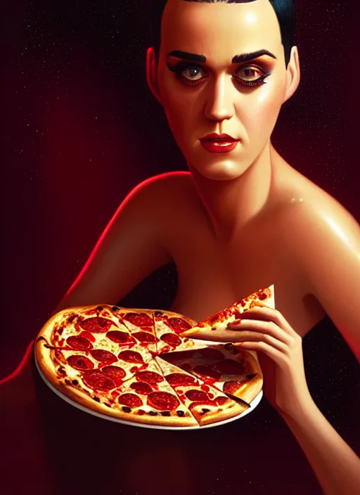 Prompt: portrait of katy perry eating pizza, intricate, elegant, glowing lights, highly detailed, digital painting, artstation, concept art, smooth, sharp focus, illustration, art by wlop, mars ravelo and greg rutkowski