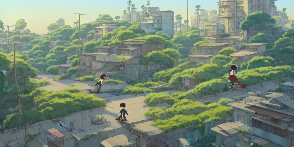 Prompt: a beautiful movie still in the style of Studio Ghibli anime showing a skateboarder skating through a destroyed post-apocalyptic Los Angeles overrun with vegetation. Studio Ghibli, aerial photography, wide angle lens, trending on artstation, trending on behance