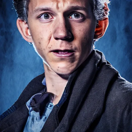 Image similar to tom holland as a rough dirty old man with a scruffy beard in a dark blue trenchcoat as the new doctor who, cinematic, volumetric lighting, f 8 aperture, cinematic eastman 5 3 8 4 film, photorealistic