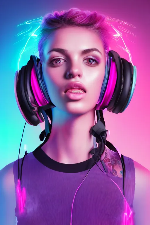 Image similar to a award winning half body portrait of a beautiful woman with stunning eyes in a croptop and cargo pants with ombre purple pink teal hairstyle and wearing headphones on her ears by thomas danthony, surrounded by whirling illuminated lines, outrun, vaporware, digital art, trending on artstation, highly detailed, fine detail, intricate