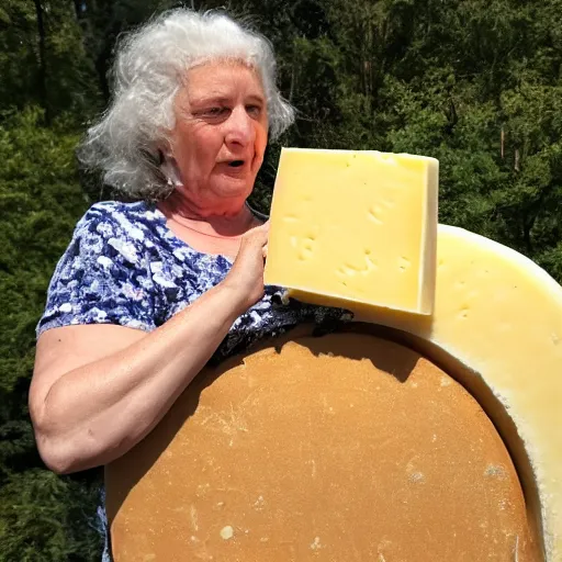 Image similar to marjorie taylor greene eating a large wheel of cheese,