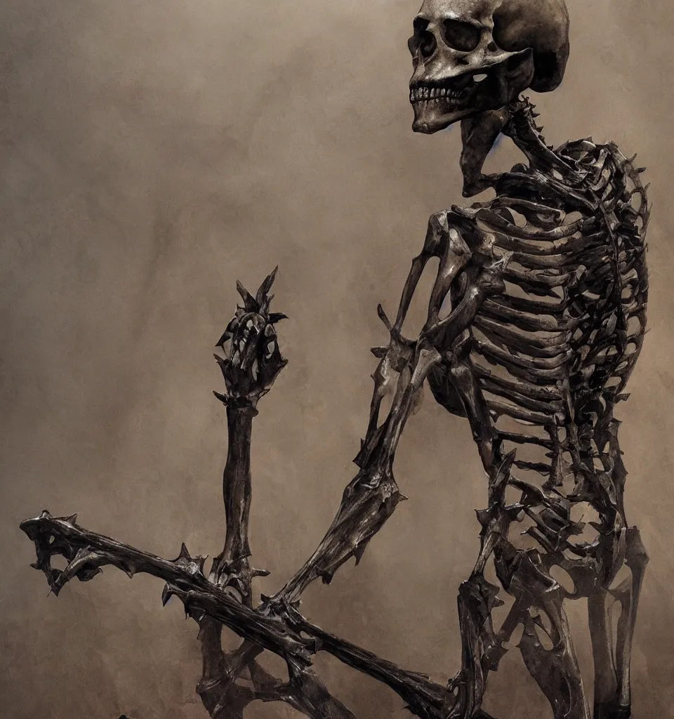 Prompt: closeup concept art of a medieval skeletal figure with skeletal features and long iron spikes, art by HR Giger and Phil Hale, sculpture by Hedi Xandt, dynamic composition, highly detailed, artstation, octane rendering, wayne barlowe, dimly lit in dense fog above lava fields,