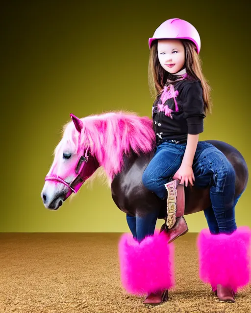 Image similar to young girl with rider boots, next to her is a pink pony, photo taken by nikon, sharp focus, highly detailed, studio lightning, 4 k