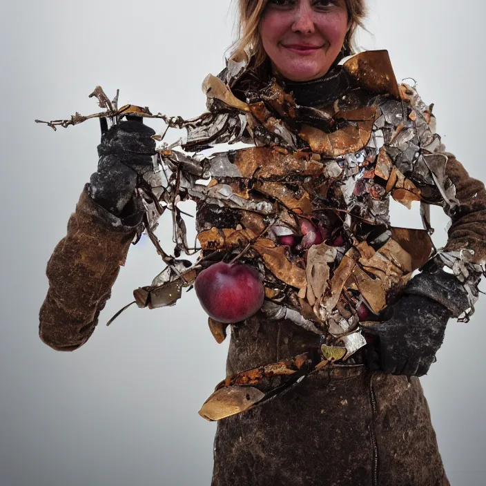 Prompt: a closeup portrait of a woman wearing a ski suit made of rusted metal scraps, picking plums from a tree in an orchard, foggy, moody, photograph, by vincent desiderio, canon eos c 3 0 0, ƒ 1. 8, 3 5 mm, 8 k, medium - format print