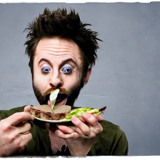 Prompt: Charlie Kelly eating milk steak, high quality digital photograph