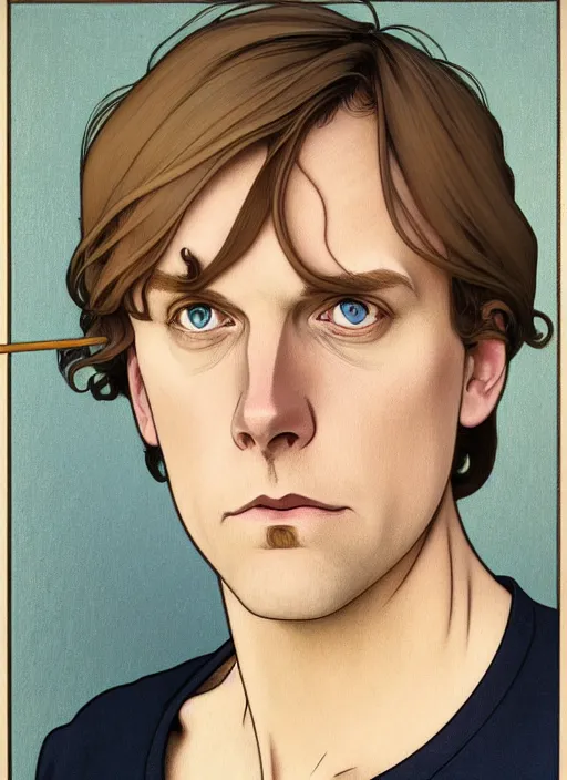 Prompt: art nouveau portrait of geoff rickly with short light brown straw blond hair, light blue eyes, sad expression, scared, head down, shy and demure, natural lighting, path traced, highly detailed, high quality, cartoon, digital painting, by don bluth and ross tran and studio ghibli and alphonse mucha